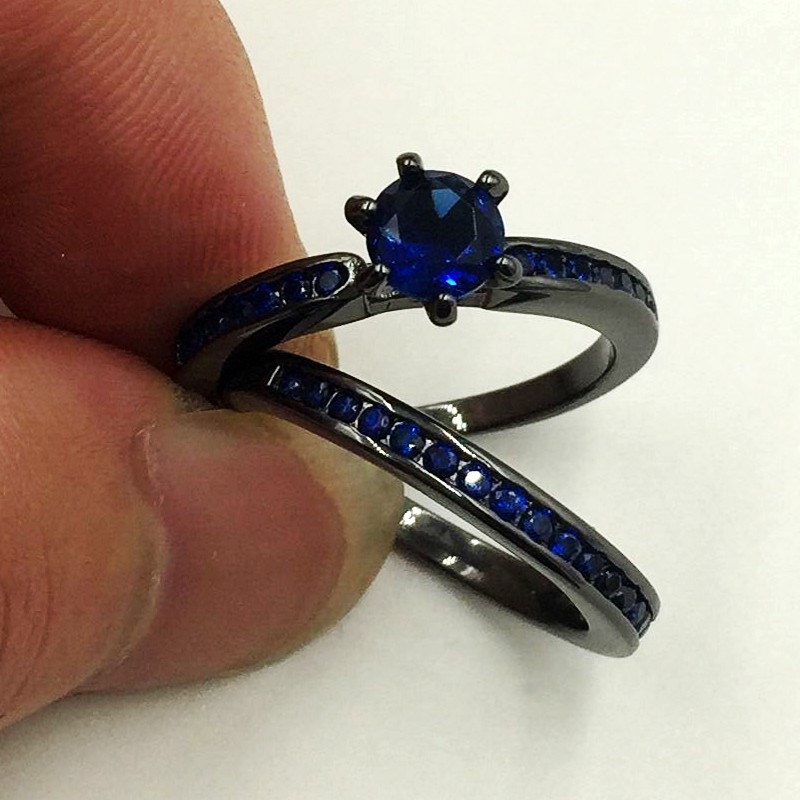 10K Black Gold Filled Blue Sapphire Gemstone Wedding Ring Set in Retro Sizes 5-10 - Gift Box Included