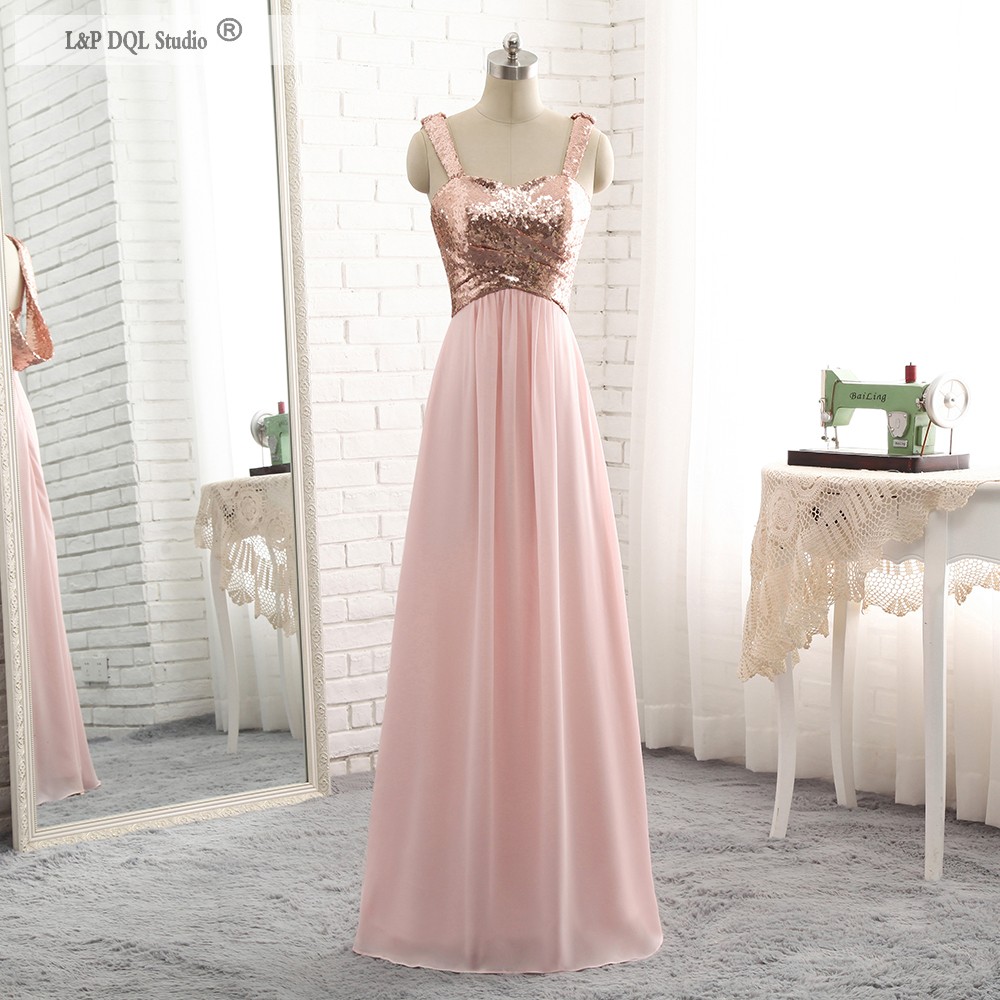 

Sequined Pink Bridesmaid Dresses Chiffon Floor Length Sweetheart Zipper Back Country Style Wedding Party Dress Guest Gowns Real Photos Cheap