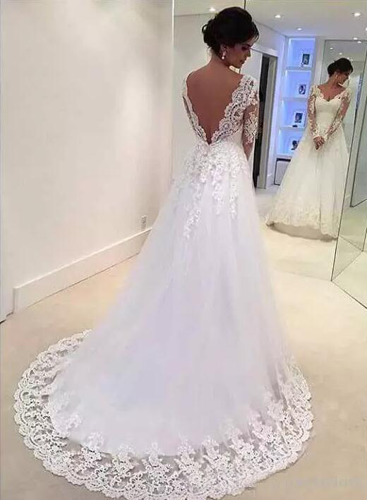 Elegant 2017 Illusion Long Sleeve Garden Wedding Dresses Modest V Neck With Lace Applique Tulle Long Bridal Gowns Custom Made China EN11222