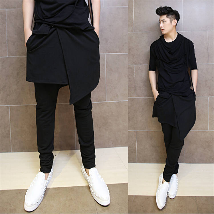Wholesale-Korean Hip Hop Fashion Dance Pants For Men Black Drop Crotch Skirt Skinny Harem Pants Trousers Nightclub Performance AY953