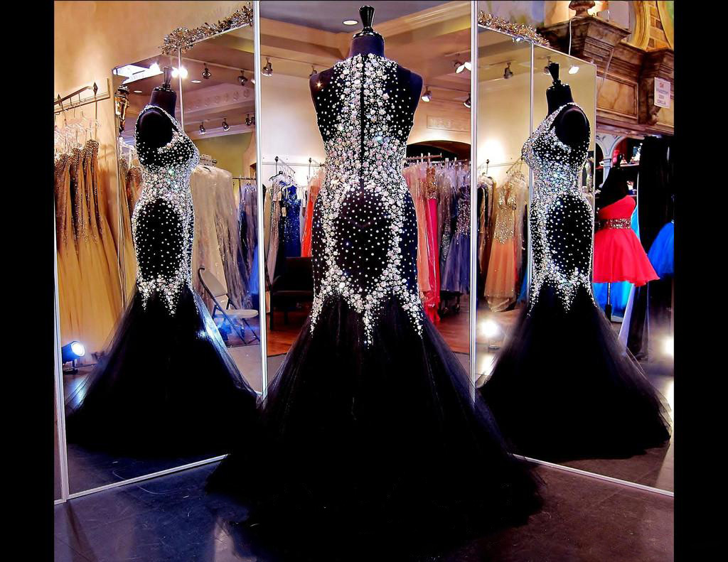 Crystals Mermaid Pageant 2016 Prom Dresses with Jewel Sleeveless Black Celebrity/Evening Dress Plus Size Prom Dressess with Rhinestones