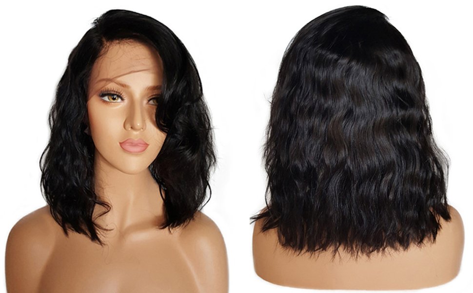 Brazilian human hair bob wigs side part with bang layered thin glueless hd lace bob hairstyle for white women natural black 130%density 10inch