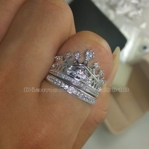 Vintage Sterg Sier Filled White Topaz Wedding Crown Ring Set Gift, Size 5-10