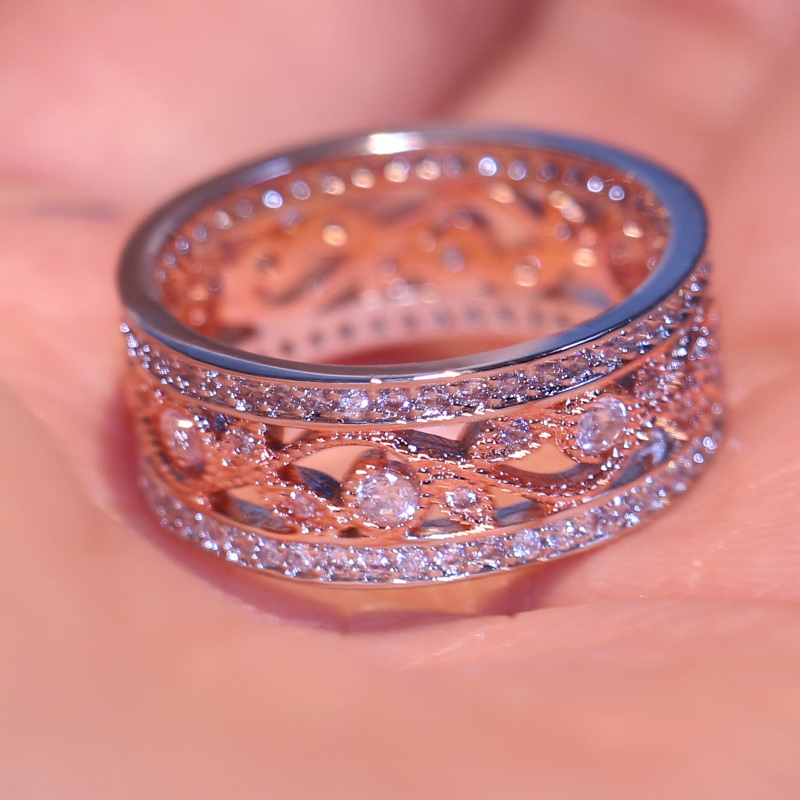 Sterg Sier Leaf Ring for Women - Rose Gold Filled 5A CZ Crystal Wedding Band with Gift Box