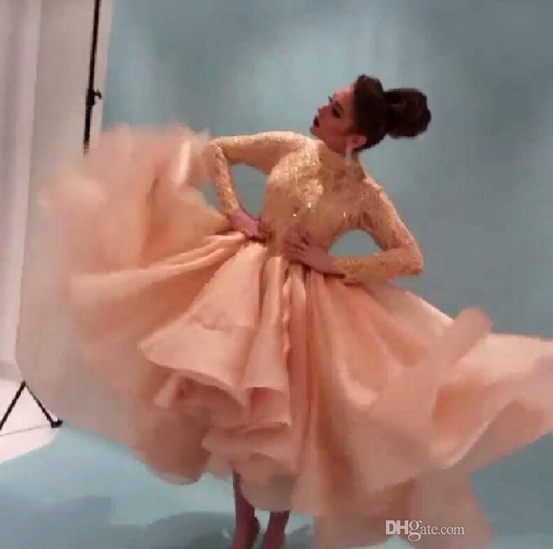 2022 Myriam Fares Celebrity Dresses With Long Sleeves Prom Dress Beaded Lace Party Dresses High Neck High Low Arabia Cocktail Evening Gown