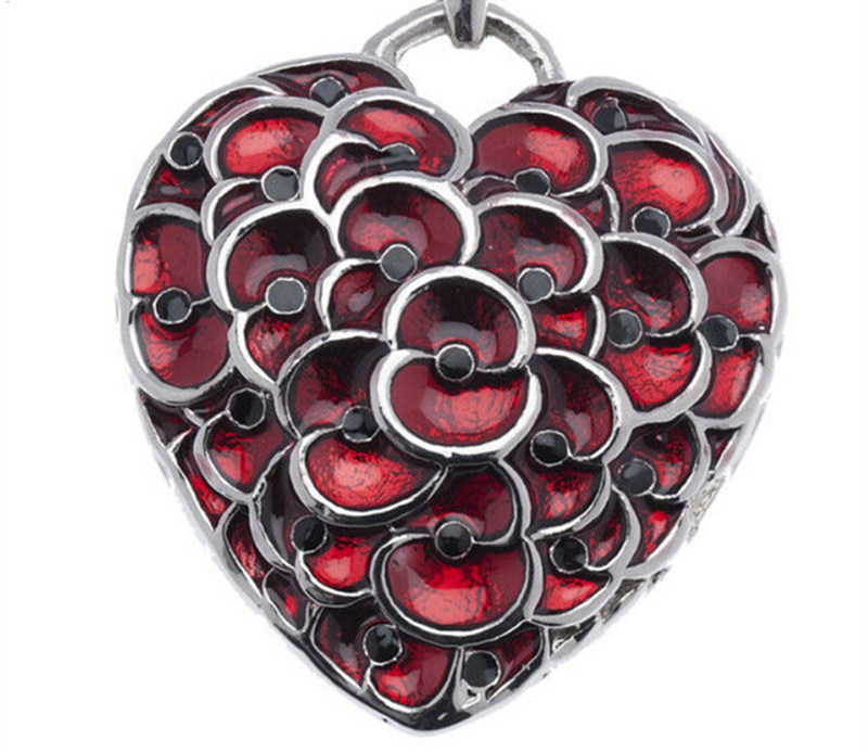 NEW Ruby Red Enamel Heart Poppy Pendant Necklace Jewelry British Stylish Remembrance Souvenir White Gold