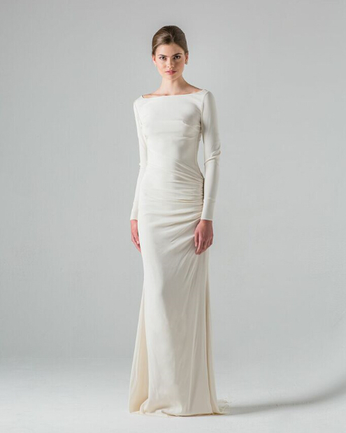Simple Sheath Wedding Party Dresses Bateau Neckline Elegant Long Sleeves Floor Length Beach Garden Wedding Gowns
