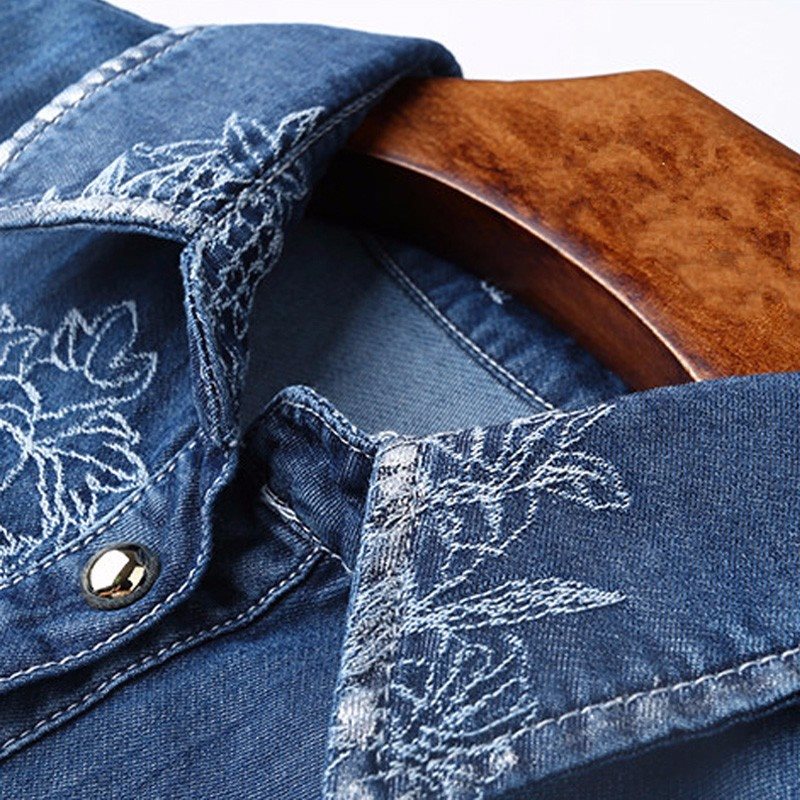 2015 Women Autumn Half Sleeve Fashion Floral Embroidery Demin Dress Knee Length Turn-down Collar Female Jeans Dresses Vestidos FG1511