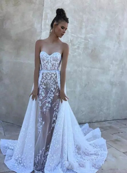 Modest Mermaid Wedding Dresses With Detachable Skirt Sweep Train Sweetheart Illusion Sexy Bohemian Wedding Dress Plus Size Boho Bridal Gown