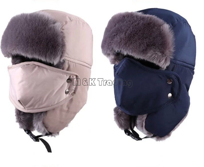 Warm Upgraded Unisex Winter Fleece Lined Nylon Russian Ear Flap Hat With Masks Tapper Hats Windproof Waterproof 5 Colors