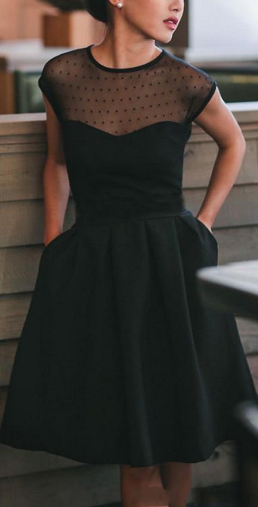 2020 New Little Black Cocktail Dresses Sheer Jewel Neck Dotted Tulle Short Knee Length Party Dress 2017 with Pockets Cheap High Quality 438