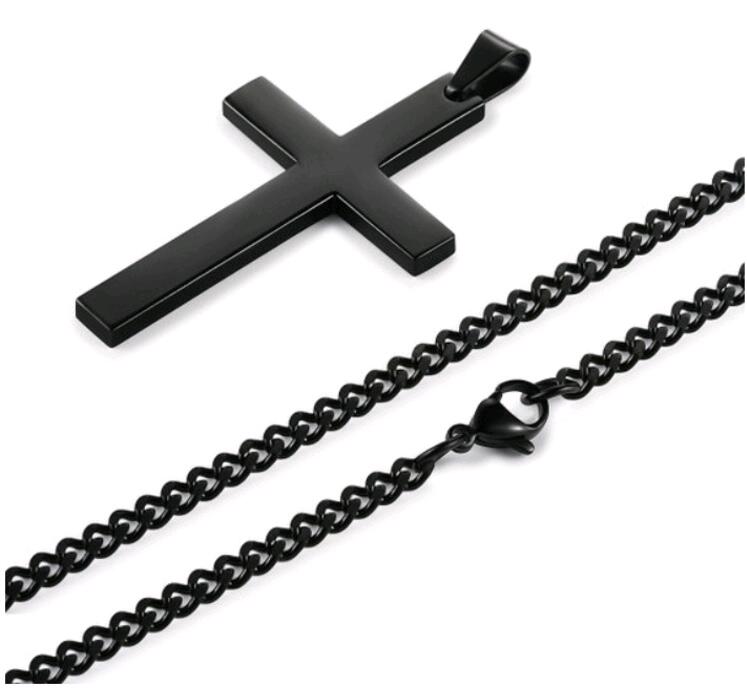Unisex Smooth Metal Cross Pendant with Matched Chain - Available in Silver, Gold & Black