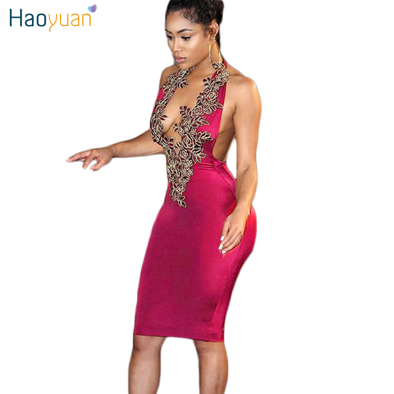 HAOYUAN Halter Deep-V Sexy Party Dresses 2017 Black Embroidery Backless Off Shoulder Dress Sleeveless Women Summer Bodycon Dress q1110