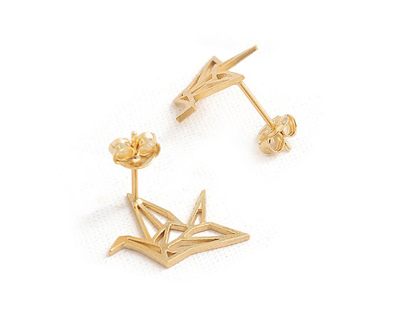 10Pair- S011 Gold Silver Origami Crane Stud Earrings Baby Paper Crane Bird Earrings Stud Little Swallow Earrings Animal jewelry