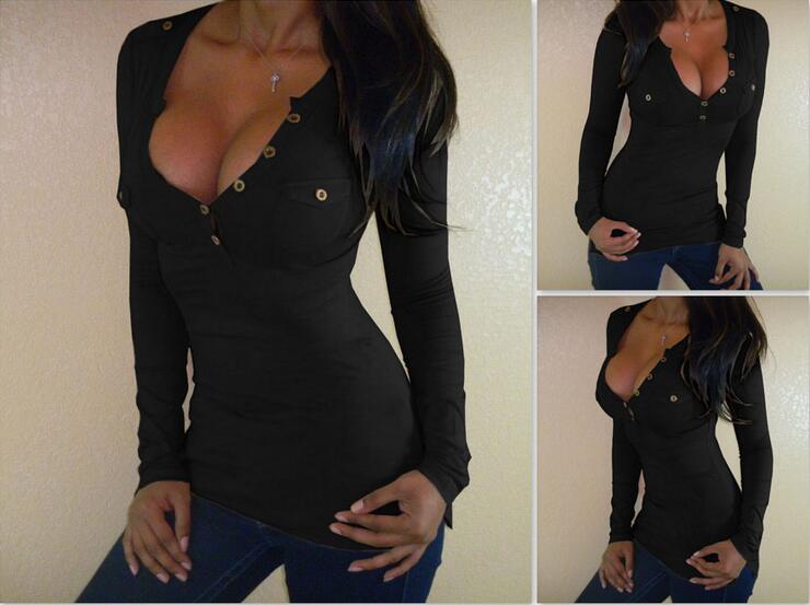 New 2016 winter autumn woman lady Multicolor button tight chest T shirt Fashion Womens long sleeve T shirt Bodysuit
