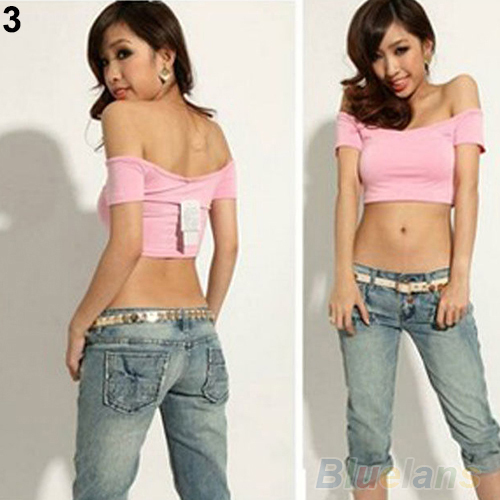 New Hot fashion Sexy solid Women's Casual Off-Shoulder Skintight Midriff T-Shirts Tops Blouses Crop 02A2
