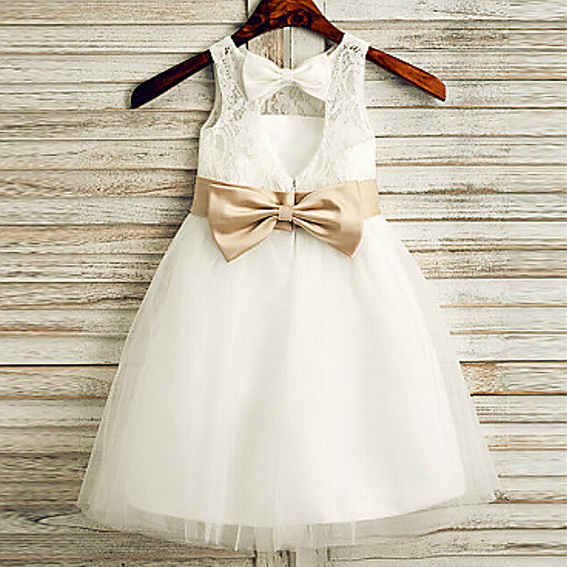 Cute vintage champagne pageant Flower Girl Dress floor- Length Handmade flowersl Girl vestidos Party gown Ball for Baby