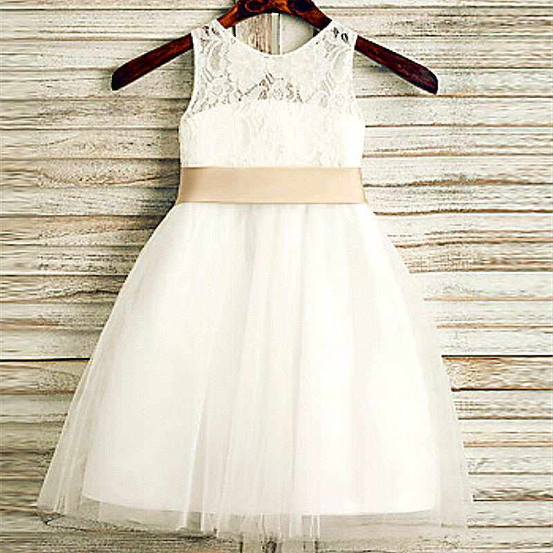 Cute vintage champagne pageant Flower Girl Dress floor- Length Handmade flowersl Girl vestidos Party gown Ball for Baby