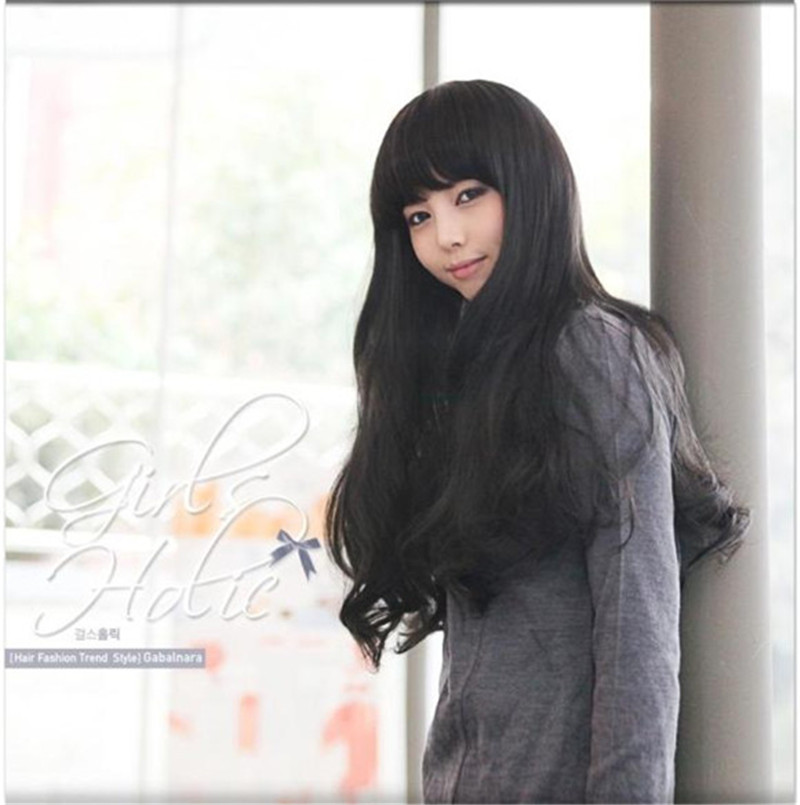 long curly wig brown black wavy natural wigs with bangs high temperature silk synthetic fiber hair women