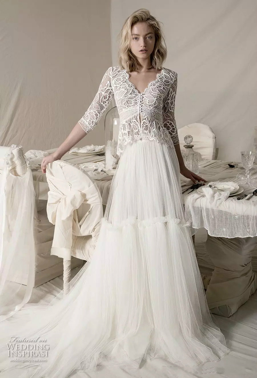Three Pieces Pants Wedding Dresses With Detachable Overskirts Lace Applique 3/4 Long Sleeve Wedding Dress Deep V Neck Illusion Bridal Gown