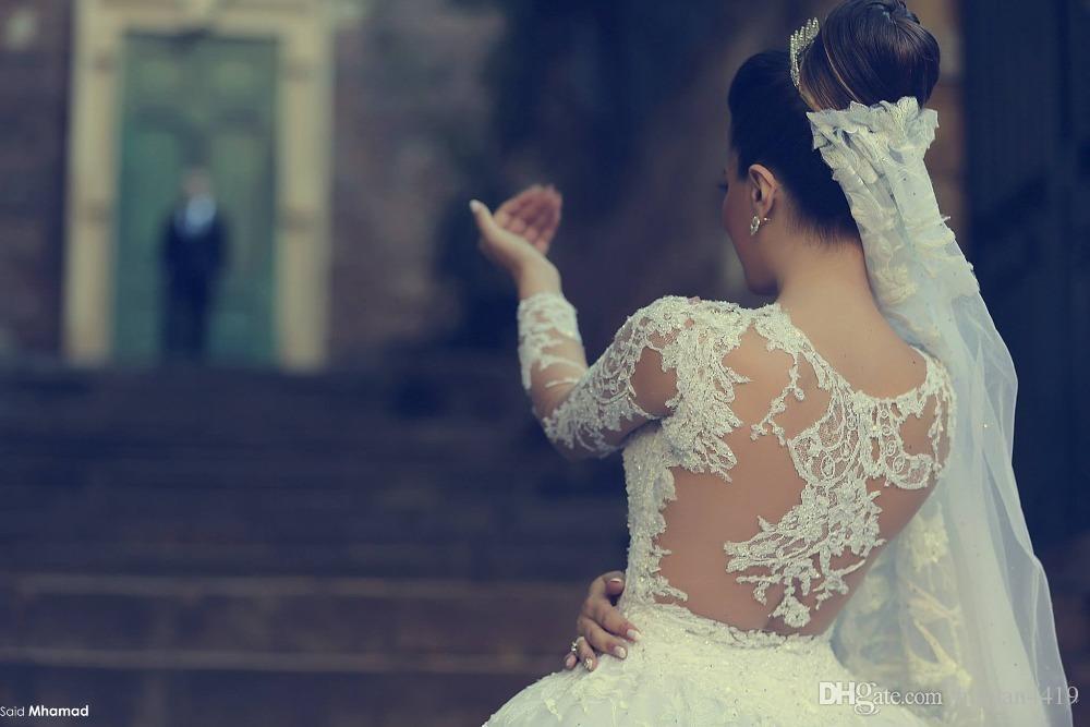 2016 Hot Arabic Lace Ball Gown Wedding Dresses Illusion Neck Long Sleeves Chapel Train Said Mhamad Bridal Gowns Plus Size