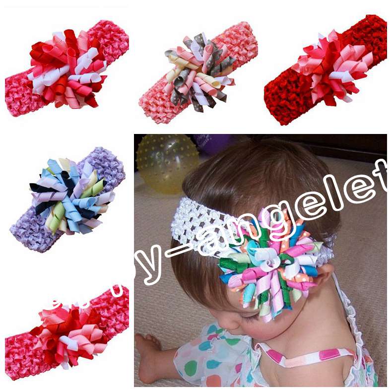 baby flower hair bows 300pcs waffle Crochet headband curly ribbon korker satin hair clip hairband corker Head wraps flowers PD011