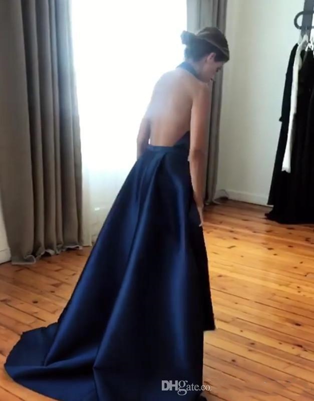 Plunging Neck Dark Blue Evening Sexy Backless Split Prom Party Gowns Graduation Dresses Halter Satin Vestido De Festa Longo 0510
