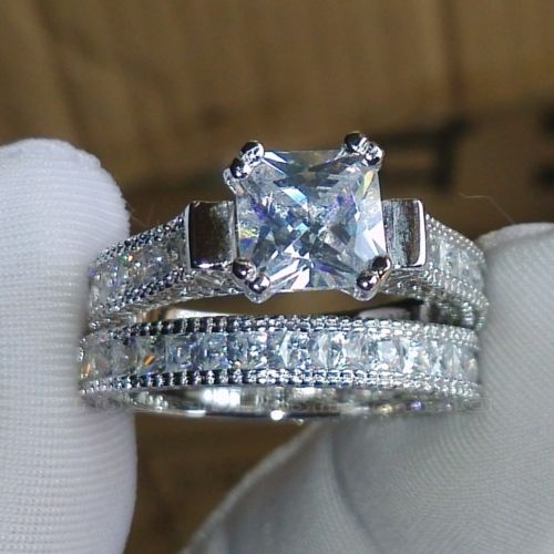 Size 5-10 Retro Princess Cut 14k white gold filled topaz simulated dias Wedding Ring set mother's day gift with box