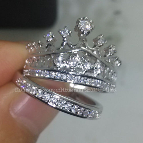 Vintage Sterg Sier Filled White Topaz Wedding Crown Ring Set Gift, Size 5-10