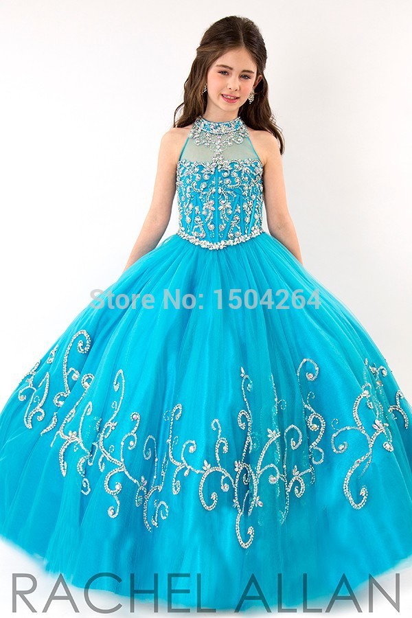 2020 Ball Gown Child Party Dresses Long Appliques Sky Blue Children Flower Girl Dress For Weddings High Neck Vestido De Daminha