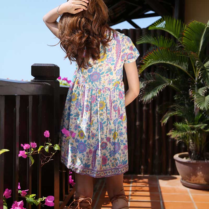 Wholesale- Boho Inspired 2017 summer dresses floral lovebird print V-neck mini casual dress women Bohemian hippie chic vestidos clothing