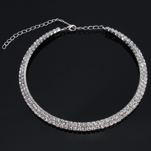 Women Fashion Jewelry Three Triple Rows Rhinestone Bling Bling Silver Necklace Choker Earring Set for Wedding Bridals
