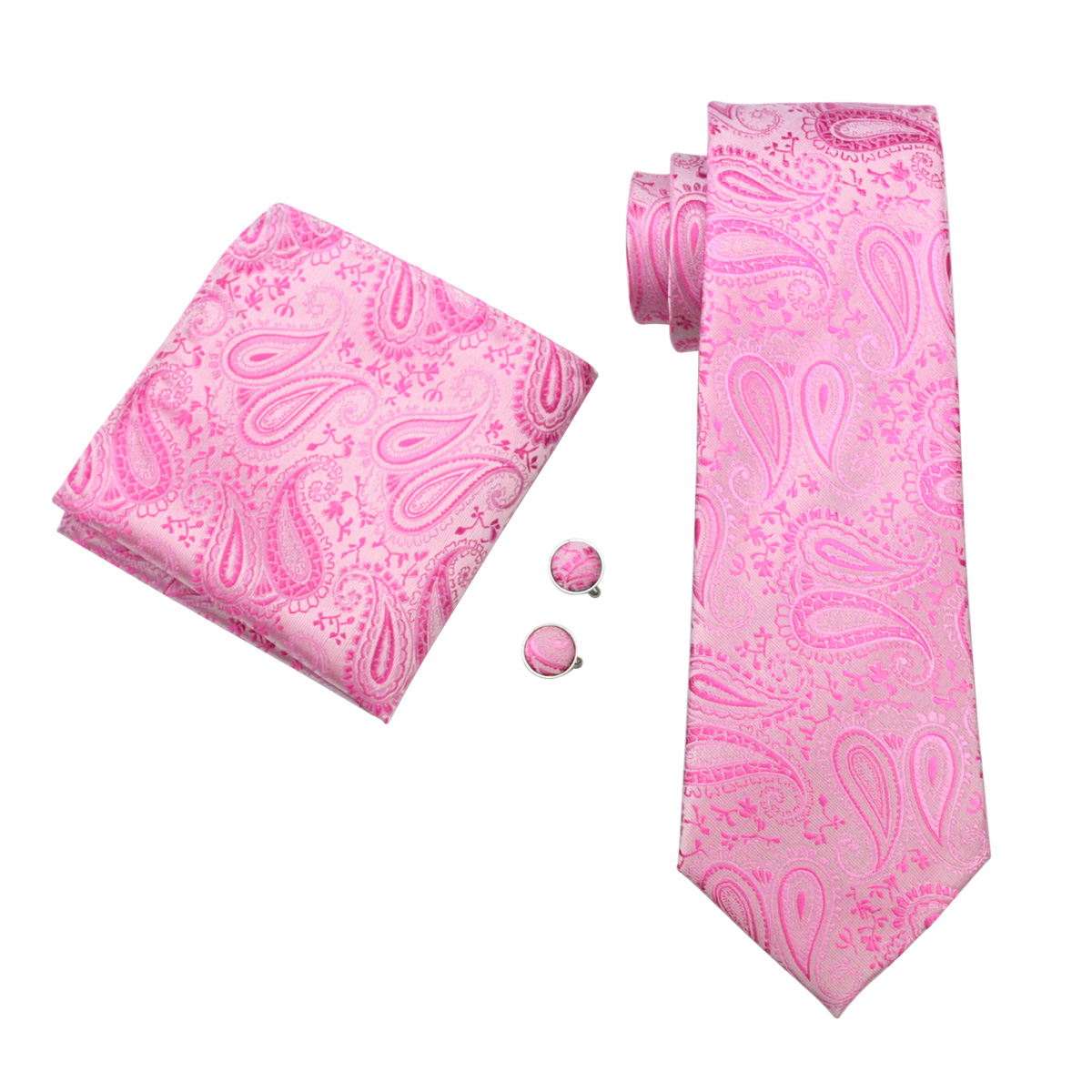 Fast Ties Paisely Pink Mens Set Hankerchief Cufflinks Jacquard Woven Business Formal Work Neck Tie Set Wedding N0379