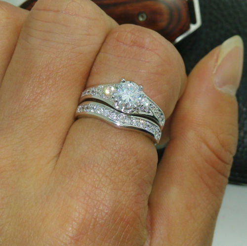 10kt Gold Filled White Topaz Wedding Ring Set - Retro Style, US Size 6-10