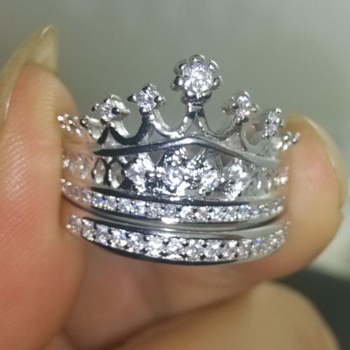 Vintage Sterg Sier Filled White Topaz Wedding Crown Ring Set Gift, Size 5-10