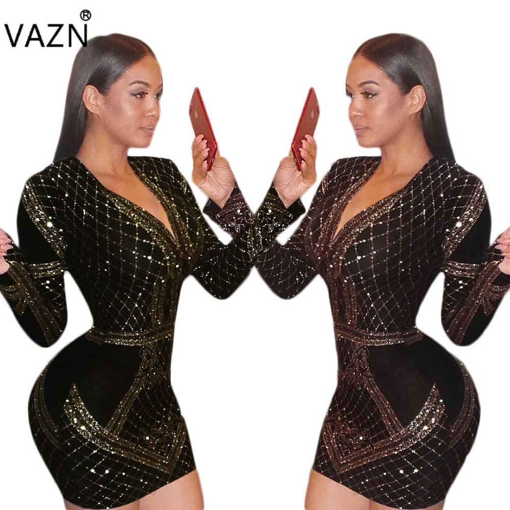VAZN 2018 High Quality Slim Temperate Fashion Bandage Dress Full Sleeve Mini Dress V-Neck Sexy Bodycon Dress CM120 q1118
