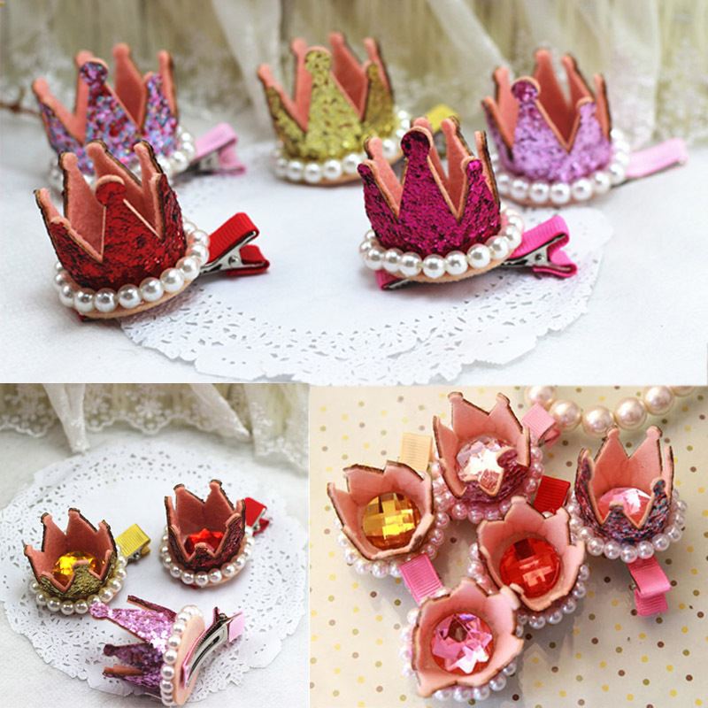 New Kids Girls Xmas Dacing Party Hair Clips Crown Pearl Princess Barrette Ribbon