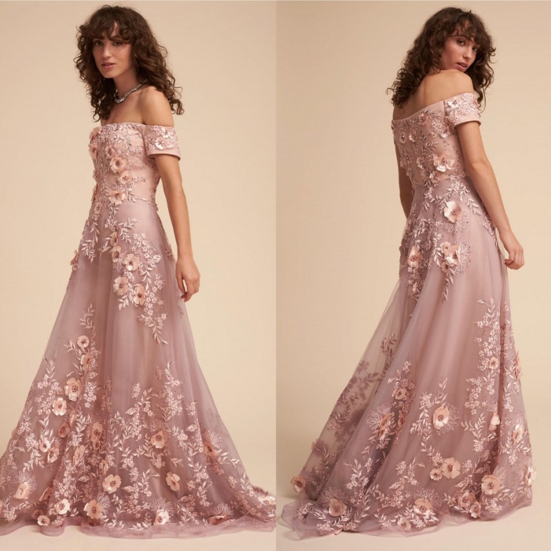 Illusion BHLDN A Line Prom Dresses Blush Pink Applique Hand Made Flower Evening Gown Bateau Neck Floor Length Custom Made Fashion Dresses