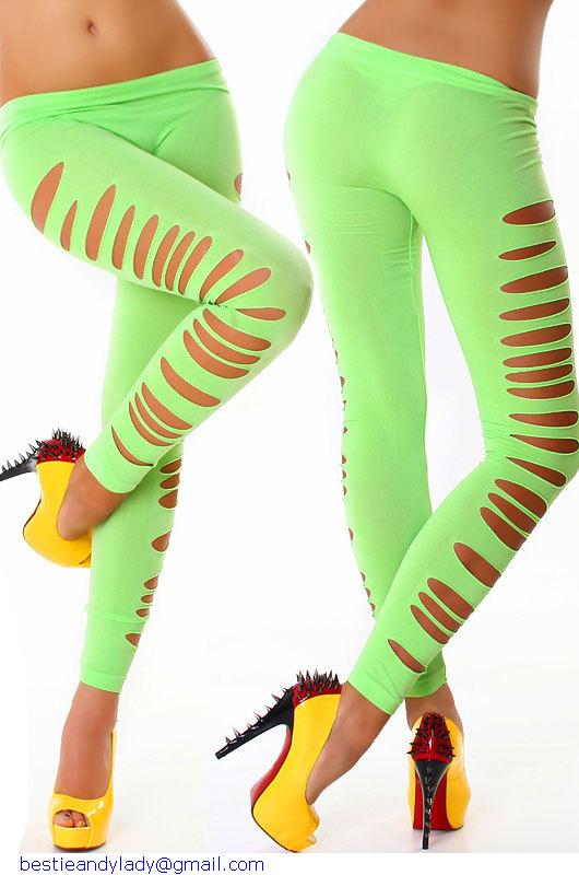 Women Multicolor Slim Fit Elastic Waist Band Leggings Fashion Candy Color Side Cut out Jeggings Ripped Hollow out Fitness Pants Trousers