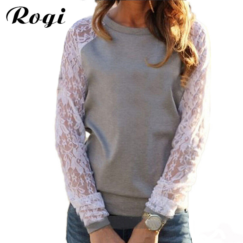 Wholesale- Rogi Blusas 2017 Fashion Women Long Sleeve Lace Patchwork Blouses Casual Tunic Tee Shirts Jumper Tops Poleras Mujer Plus Size