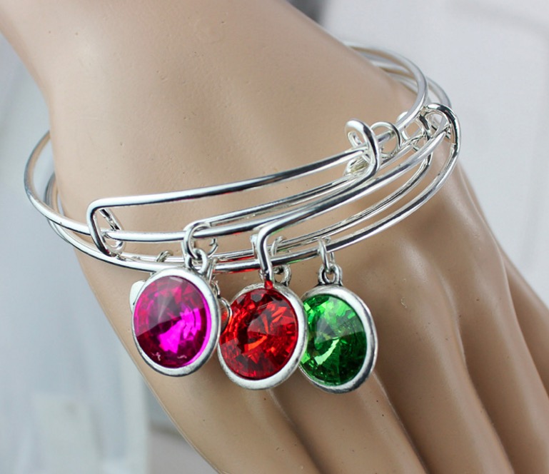 Women Bangle silver bangles birthstone crystal bangle adjustable expandable wire love heart bracelet girls birth stone jewelry