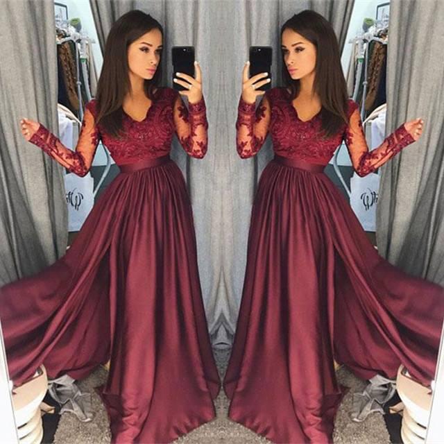 Sexy Burgundy V Neck Lace Sheer Long Sleeves Prom Dresses Satin A Line Floor Length Evening Gowns Formal Party Dresses Vestidos de festa, Royal blue
Sexy Burgundy V Neck Lace Sheer Long Sleeves Prom Dresses Satin A Line Floor Length Evening Gowns Formal Party Dresses Vestidos de festa, Royal blue