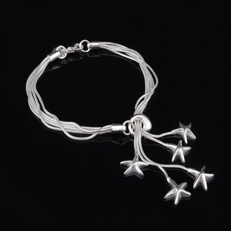 Free Shipping with tracking number Top Sale 925 Silver Bracelet Hang five starfish bracelet Silver Jewelry 10Pcs/lot 1539