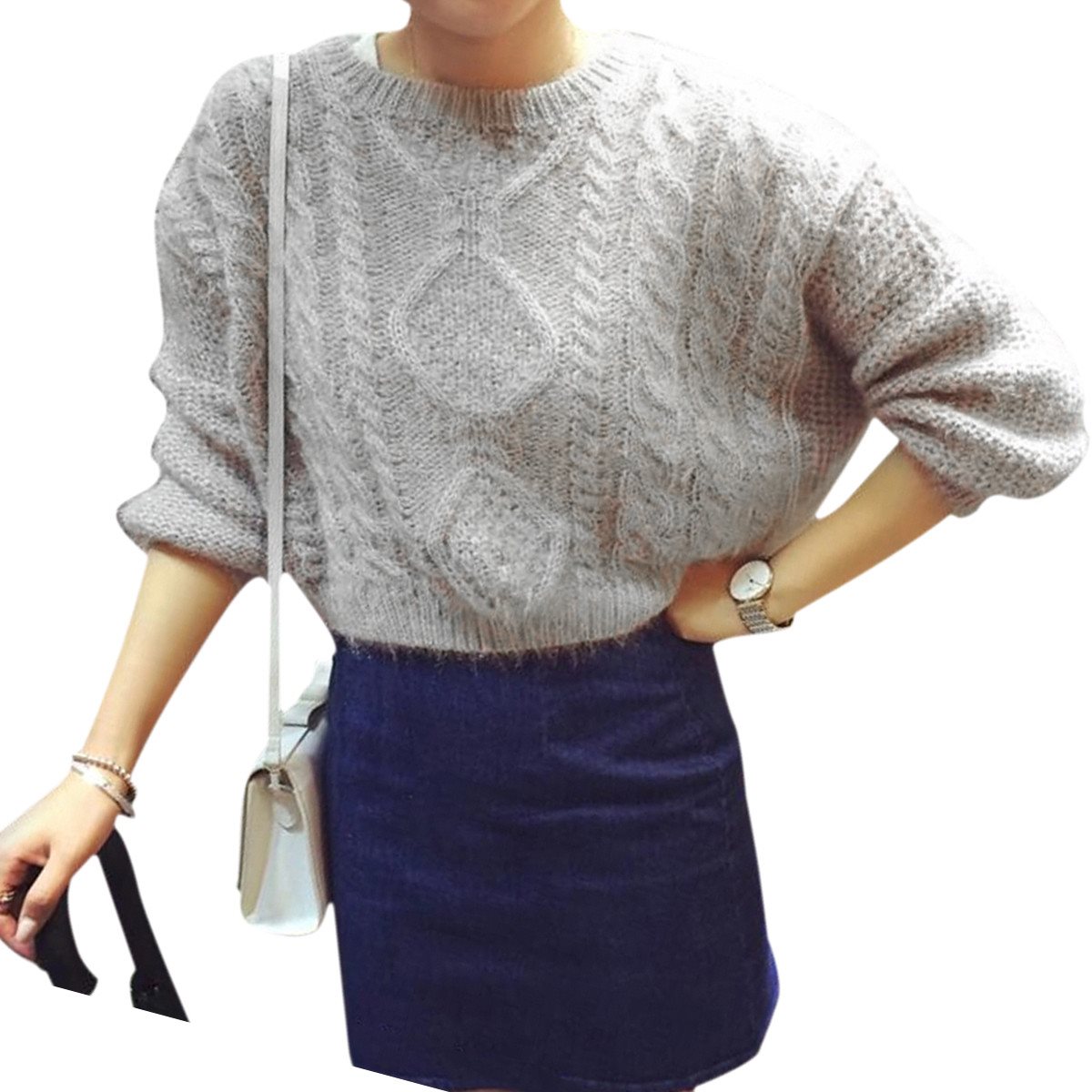Short Knitted Sweater 2015 Autumn Women Knitwear Hem Side Open Pullover Tops Ladies O Neck Casual Loose Long Bat Sleeve Sweaters FG1511