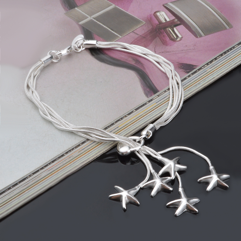 Free Shipping with tracking number Top Sale 925 Silver Bracelet Hang five starfish bracelet Silver Jewelry 10Pcs/lot 1539