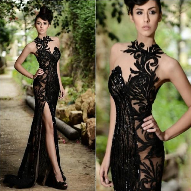 Top Selling Sequined Sheer Prom Dresses Mermaid Rami Salamoun Appliqued Jewel Neck Evening Gowns Sweep Train Tulle Split Side Formal Dress