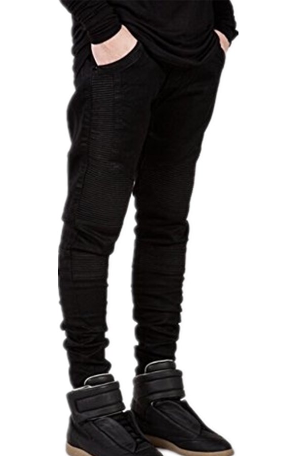 Mens Streetwear Skinny Biker Jeans Motorcycle Jogger Male Hip Hop Skateboard Trousers Slim Fit Stretch Pintunck Denim Pants Pencil Pants