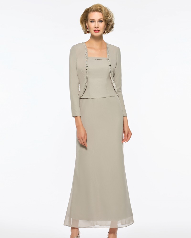 Three Pieces Plus Size Mother Of The Bride Dresses With Jacket Long Sleeve Tea Length Mother Of The Groom Dress Formal Evening Gown