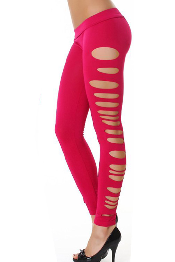 Hot Sale Candy Color Solid Color Hollow Out Club Pants Tight Stretchy Side Ripped Sexy Cutting-out Ankle Length Leggings Drop Ship Available