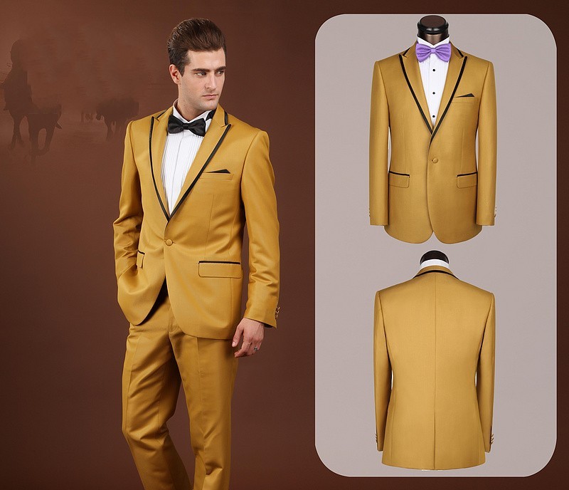 Custom Made Center Vent Groom Tuxedos Gold Best Man Suit Peak Lapel Wedding Groomsman/Men's Suits Bridegroom (Jacket+Pants+ Bow Tie )J760